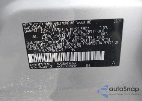 2011 Toyota Rav4 from USA, damaged, VIN 2T3BF4DV1BW134793